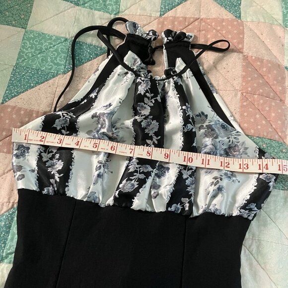 Y2K GLAM Halter Mini Dress Womens S Gray Stripe Black Floral 2000s Vintage - Picture 7 of 9